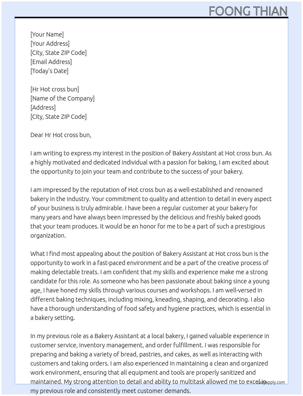 Cover letter for bakery assistant - LazyApply
