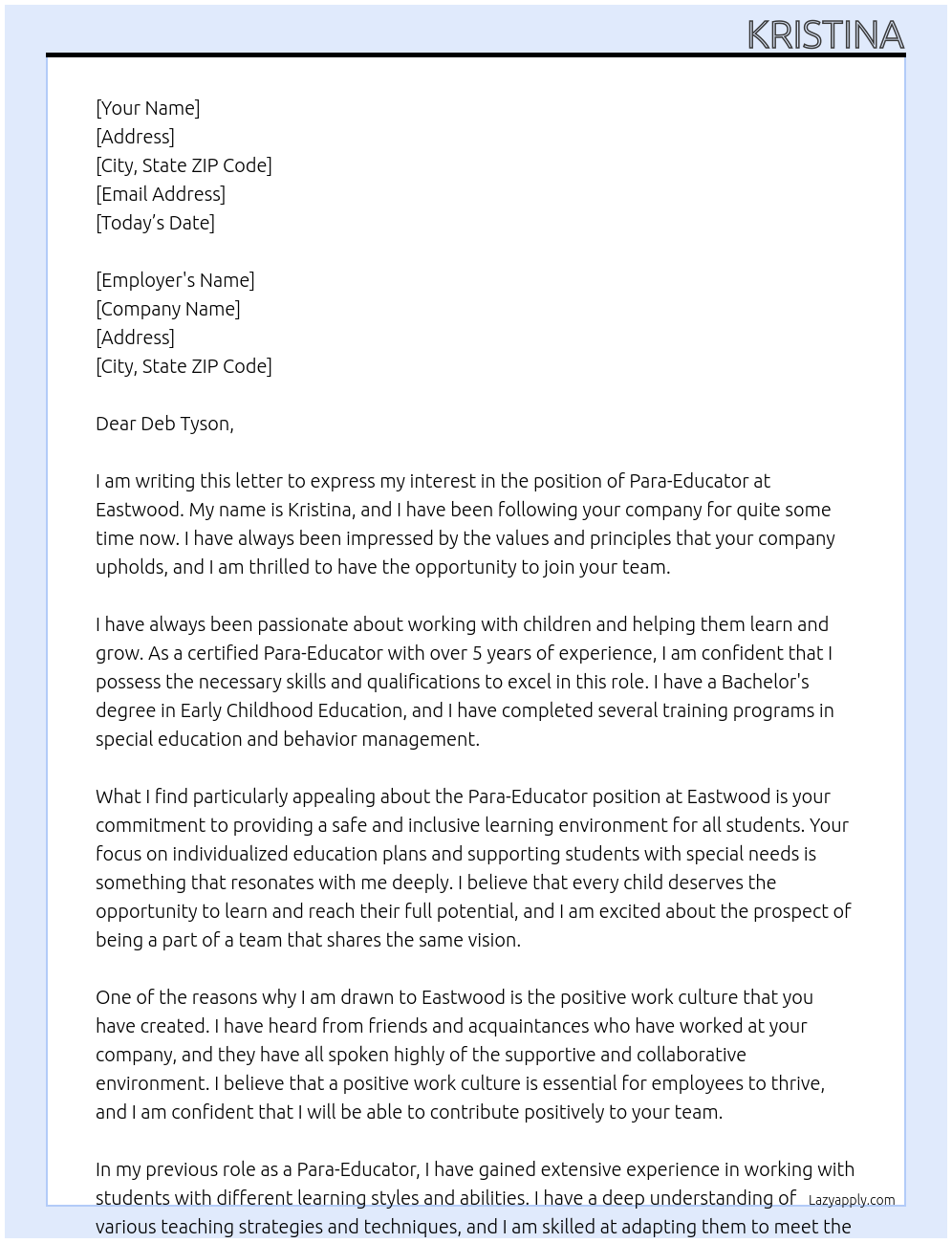 Para-Educator At Eastwood Cover Letter