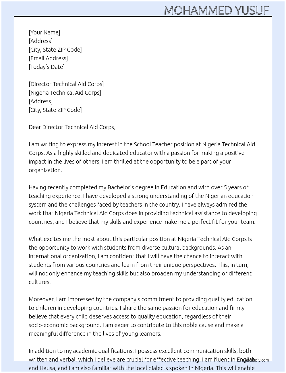 School teacher  At Nigeria technical aid corps  Cover Letter