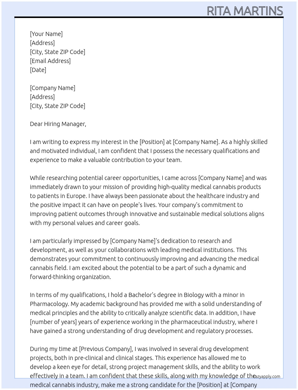 unsolicited application At tilray medical europe Cover Letter