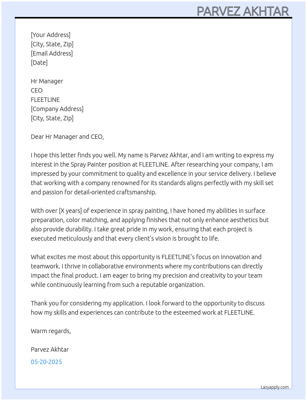 Spray painter At FLEETLINE Cover Letter