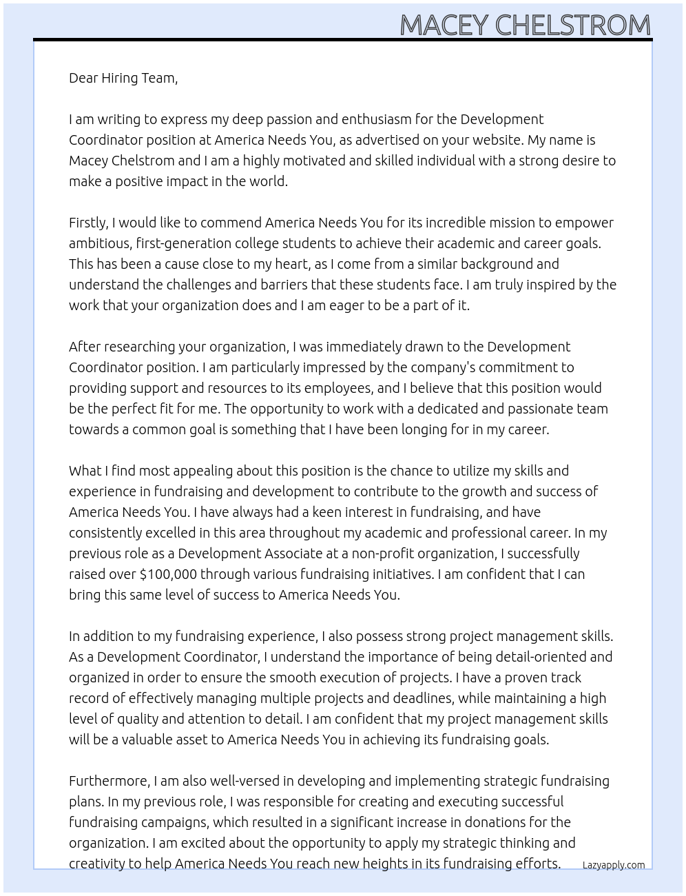 development coordinator At America Needs You Cover Letter