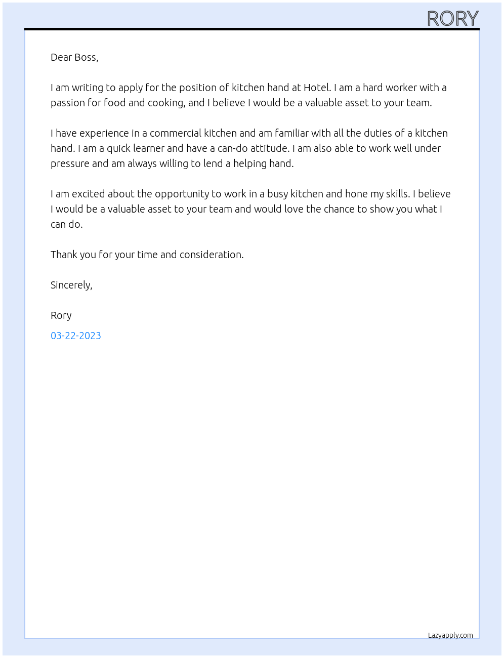 Kitchen hand At Hotel Cover Letter