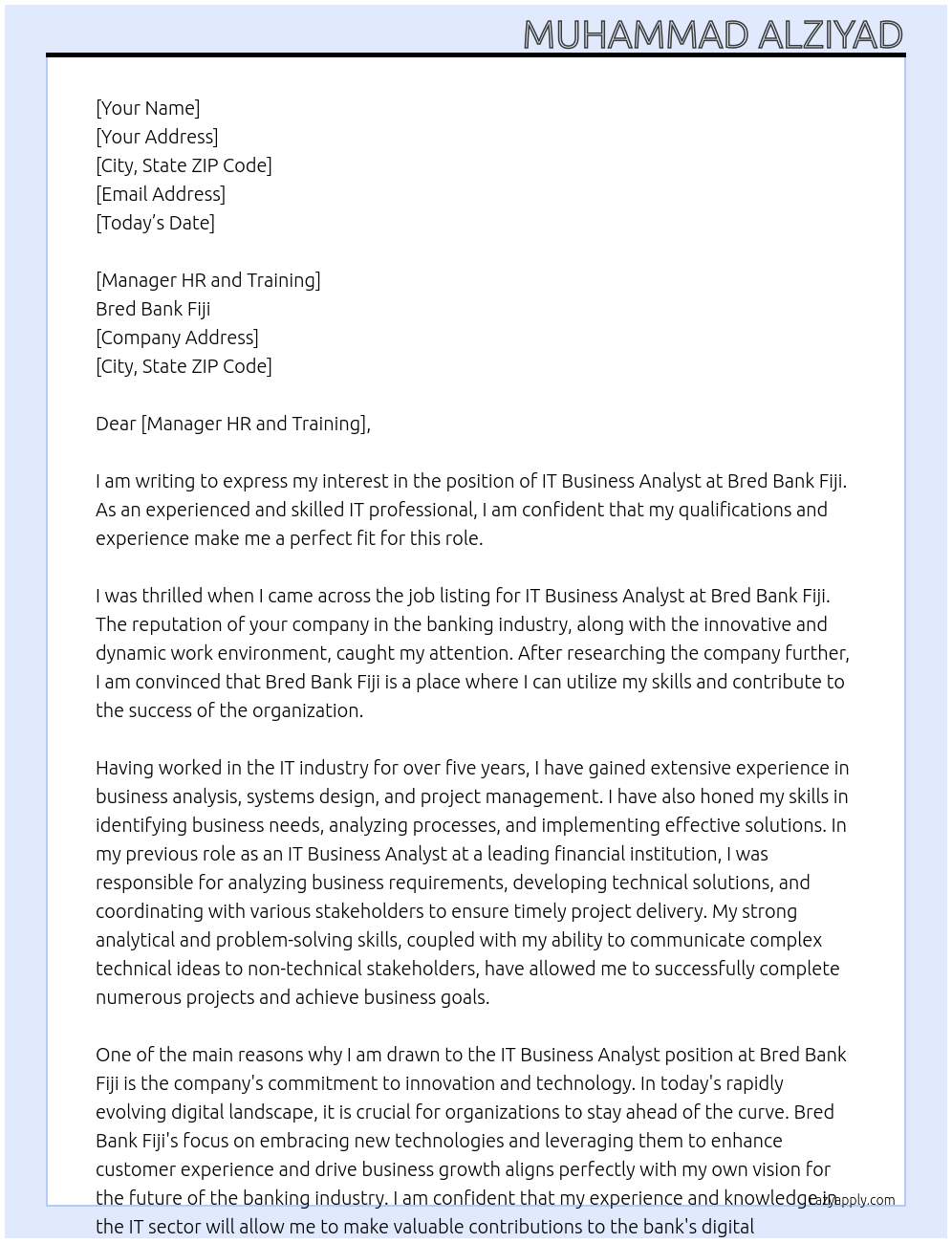 IT Business Analyst At Bred Bank Fiji Cover Letter