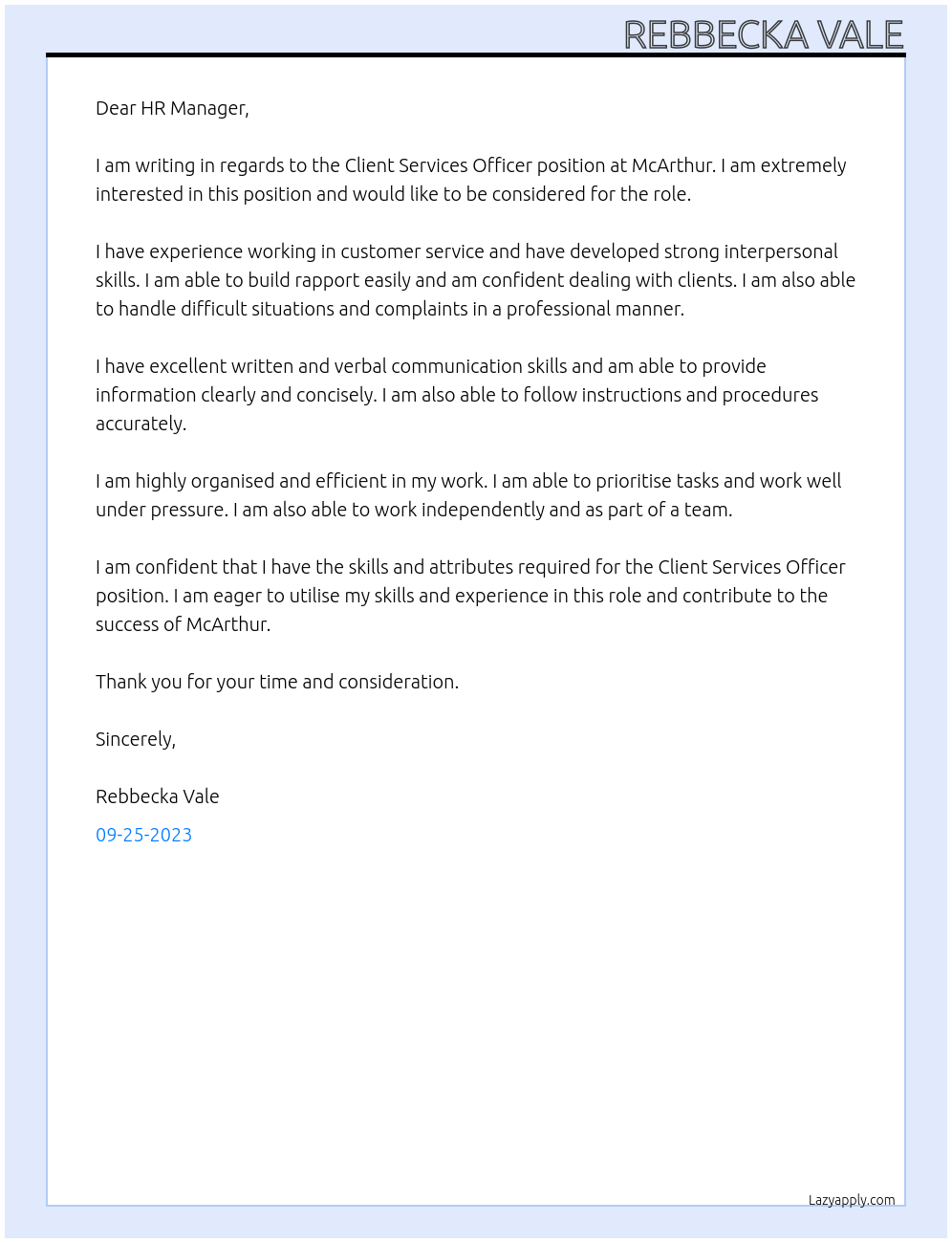 Client Services Officer At McArthur  Cover Letter