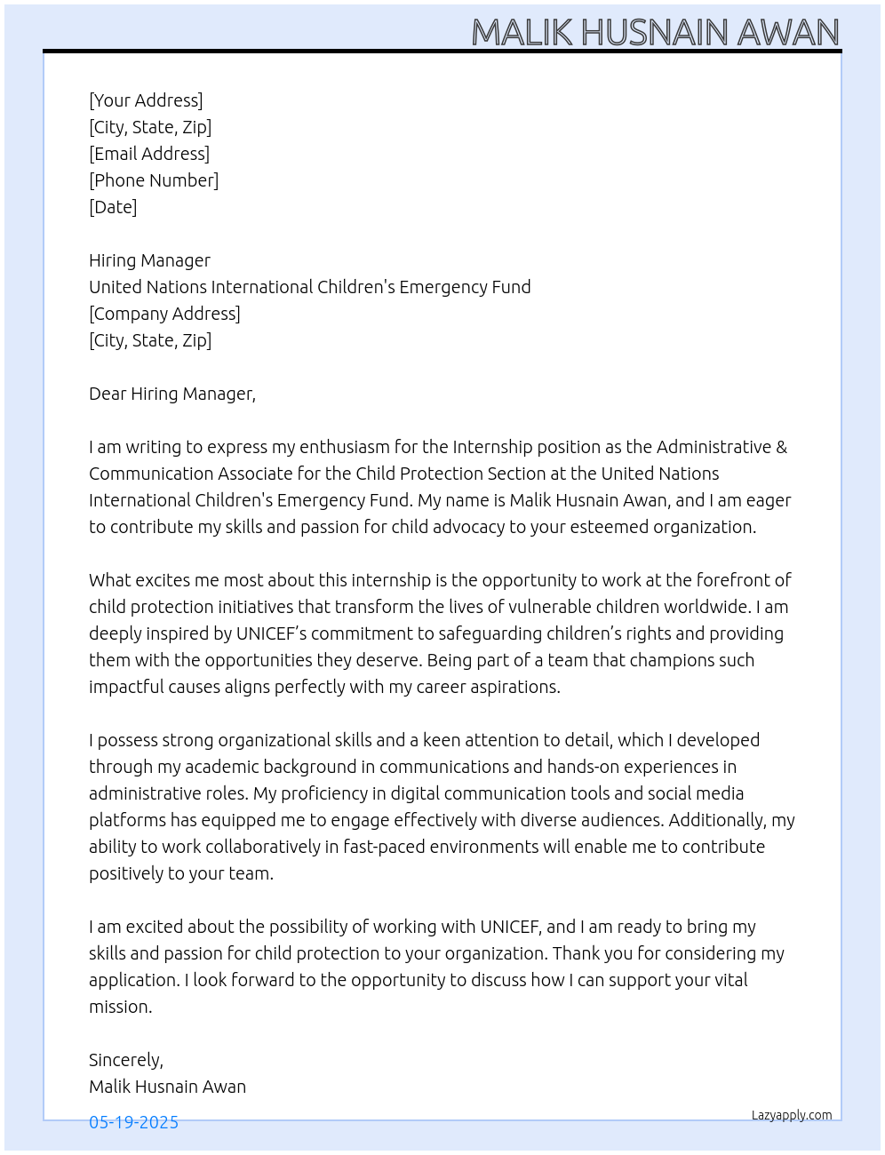 Internship At Internship: Administrative & Communication Associate for Child Protection Section Cover Letter