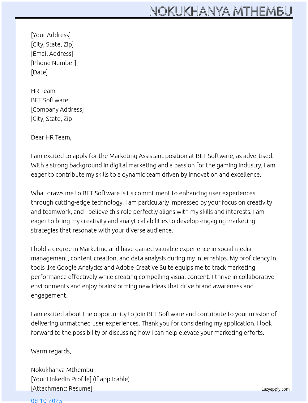 Marketing Assistant At BET Software Cover Letter