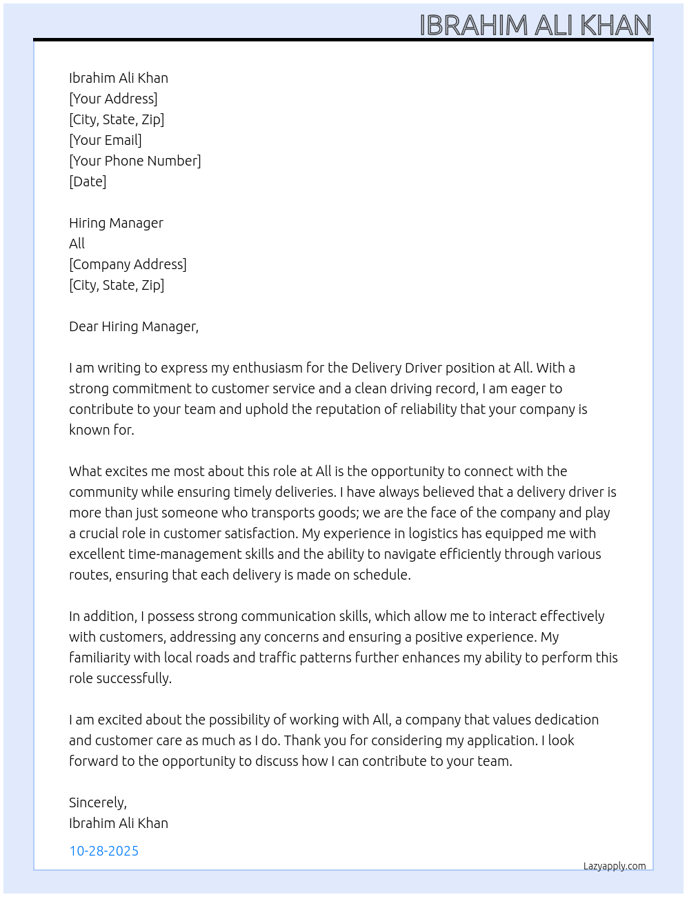 delivery driver At All Cover Letter