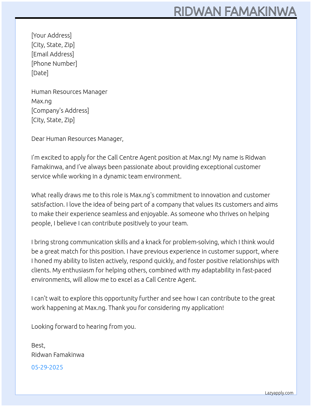 Call centre agent  At Max.ng Cover Letter