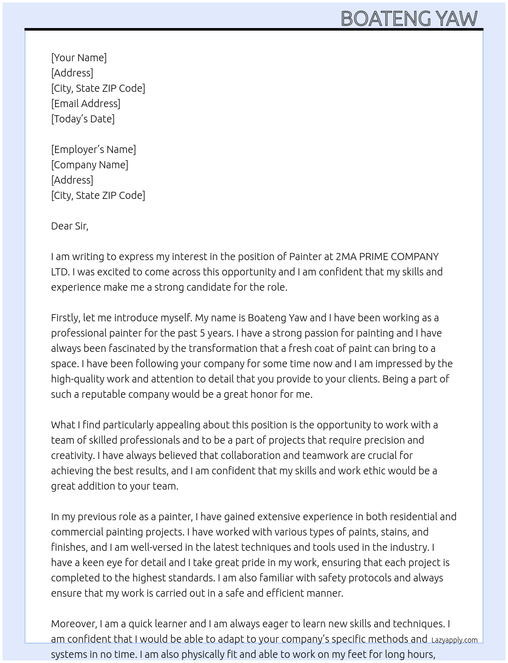 Painter At 2MA PRIME COMPANY LTD Cover Letter