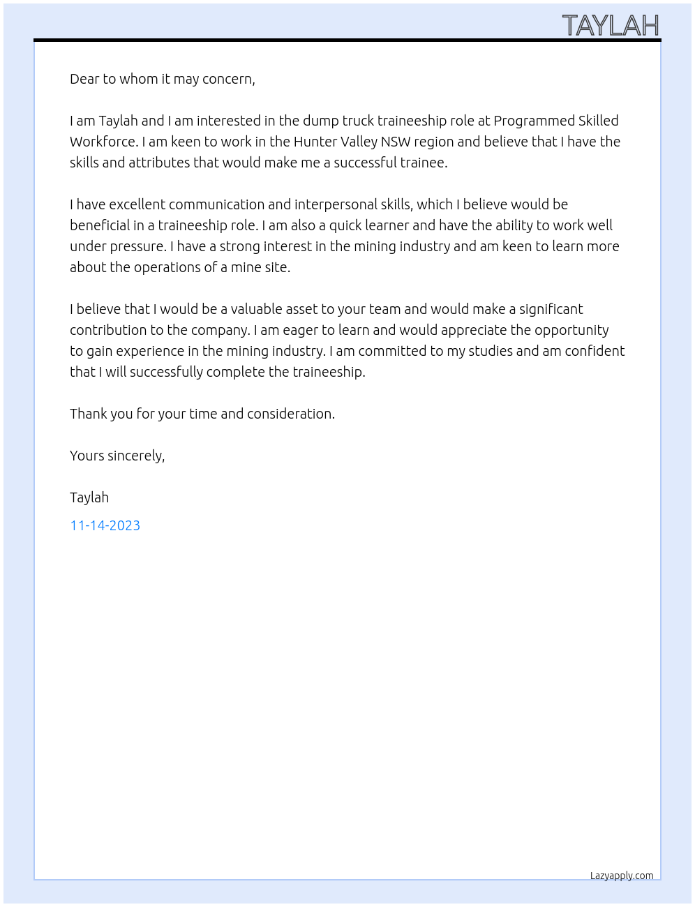 Dump Truck Traineeship At Programmed Skilled Workforce Cover Letter