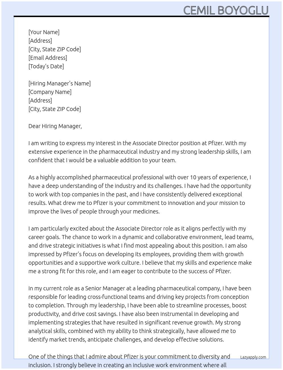 Associate Director At Pfizer Cover Letter