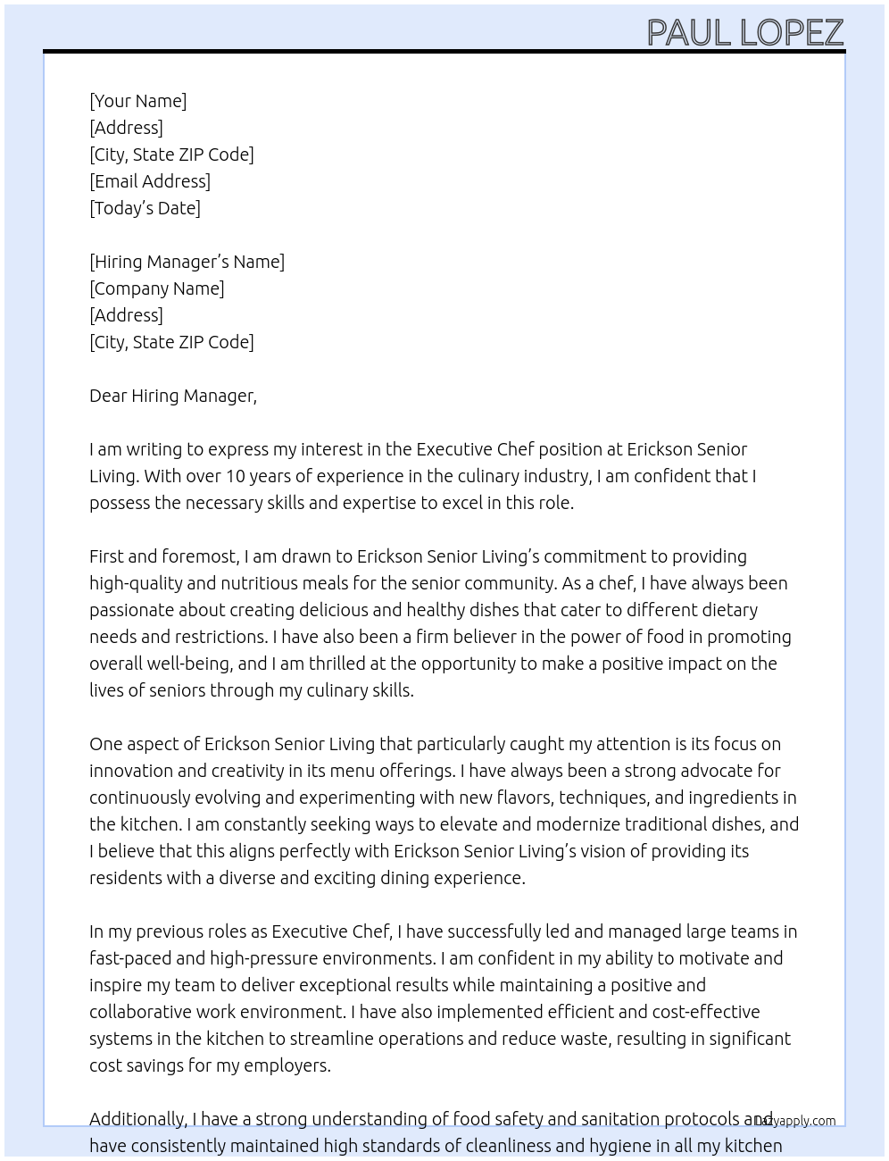 Executive Chef At Erickson Senior Living Cover Letter
