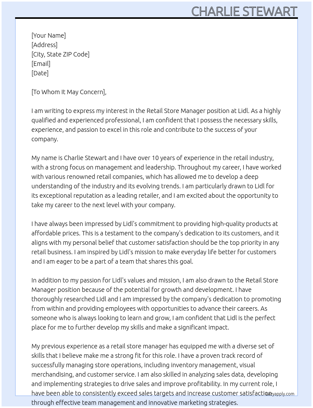 Retail store manager At Lidl Cover Letter