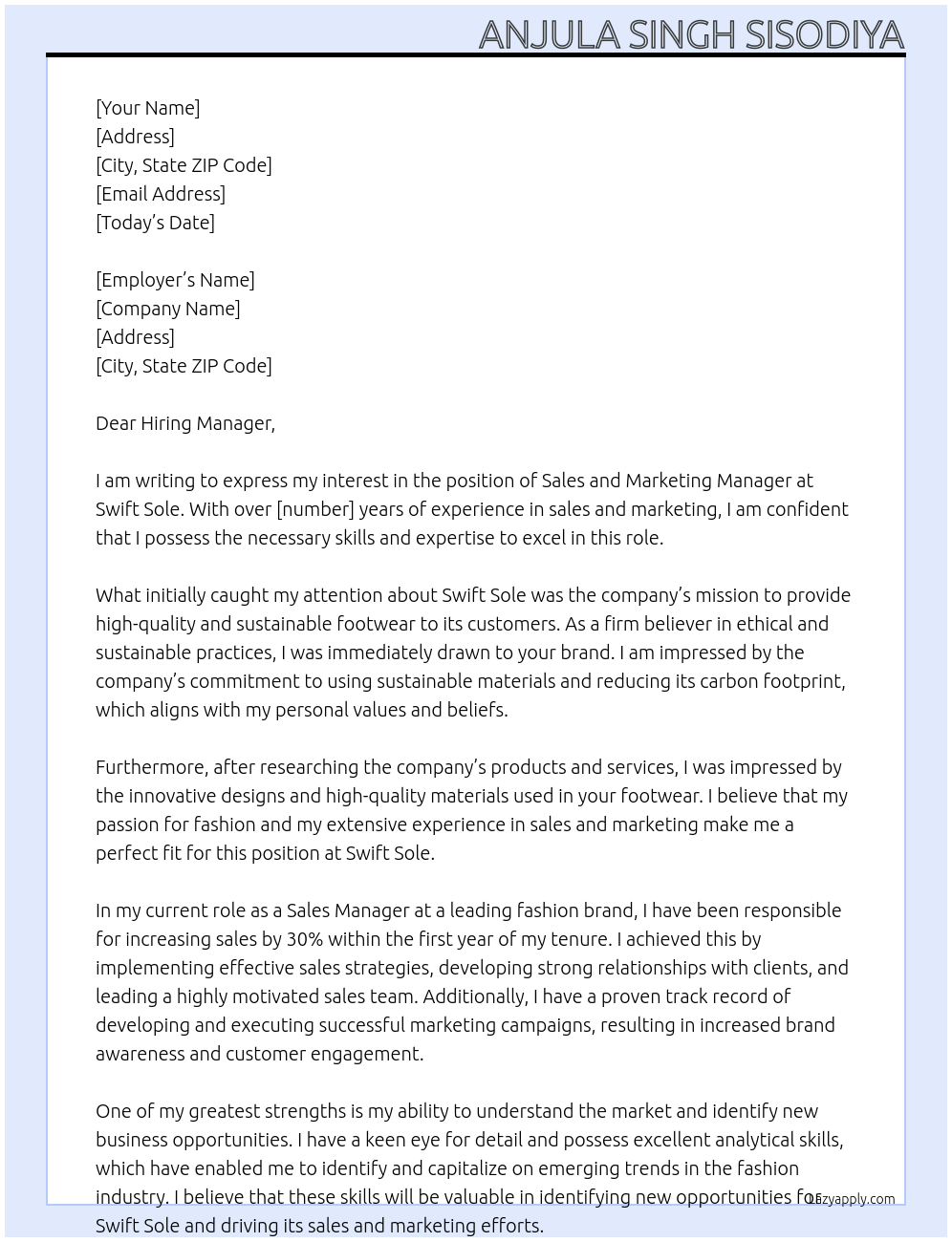 Sales and Marketing manager At Swift sole Cover Letter