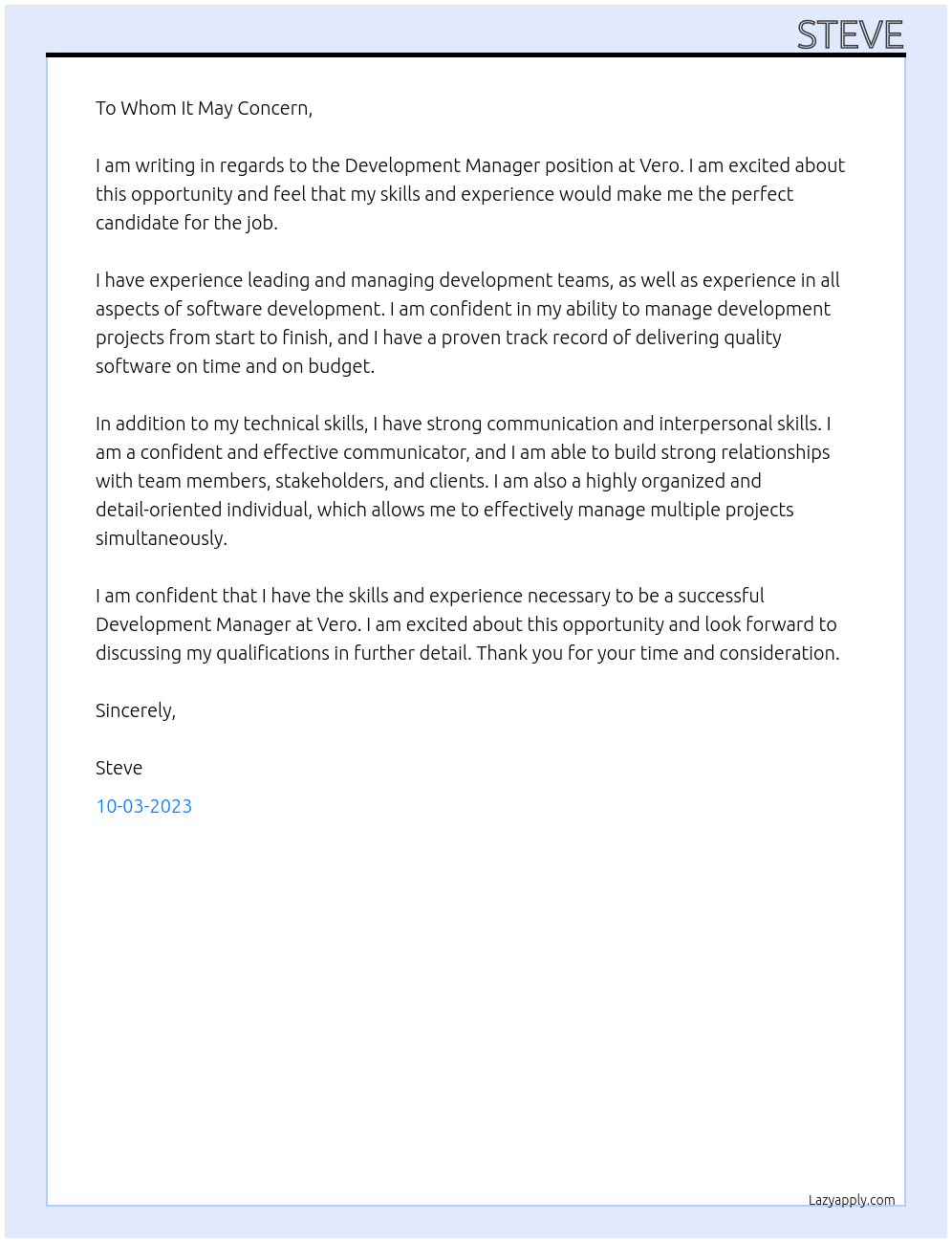 Development Manager At Vero Cover Letter