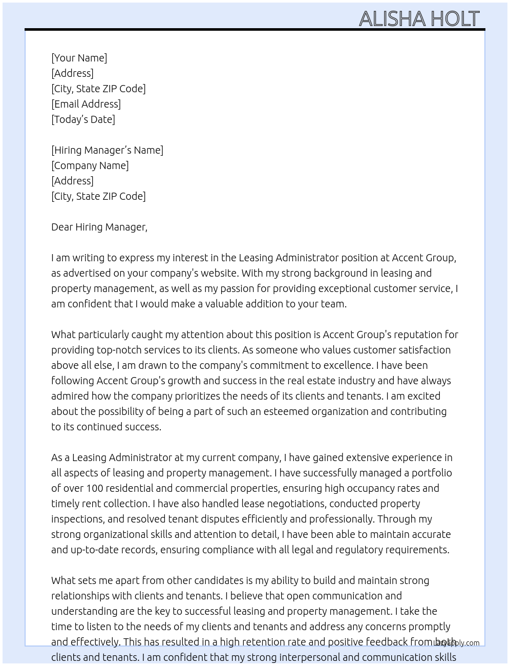 Leasing Administrator  At Accent Group Cover Letter