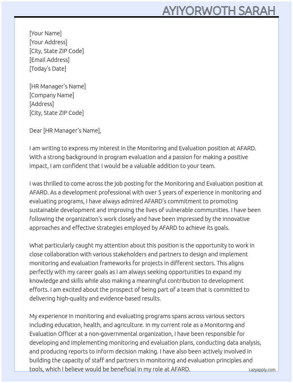 Monitoring and evaluation At AFARD Cover Letter