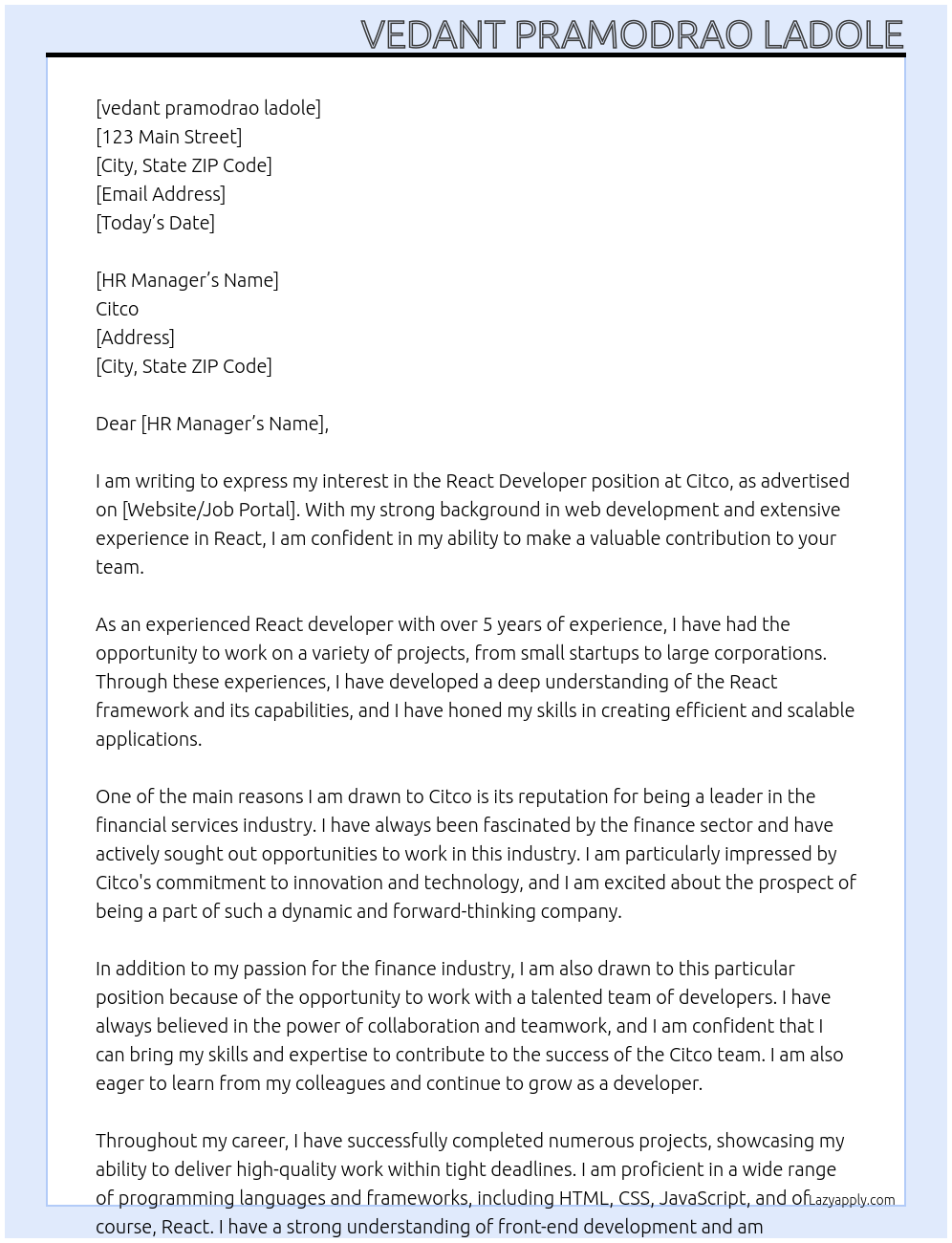 React developer At Citco Cover Letter