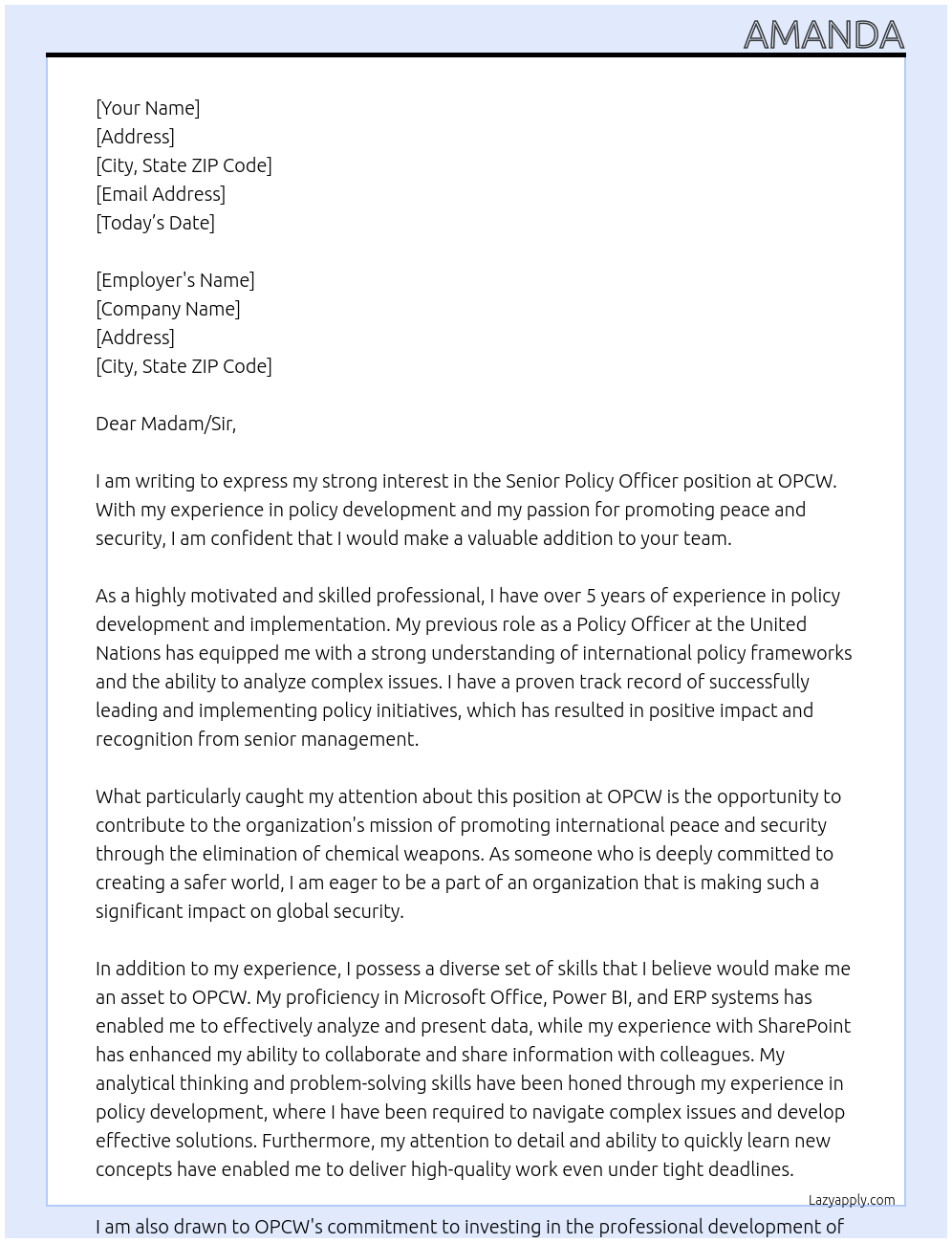 Senior Policy Officer At OPCW Cover Letter