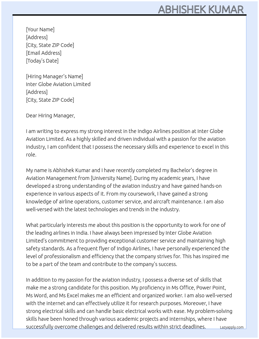 Indigo airlines At Inter Globe Aviation Limited Cover Letter