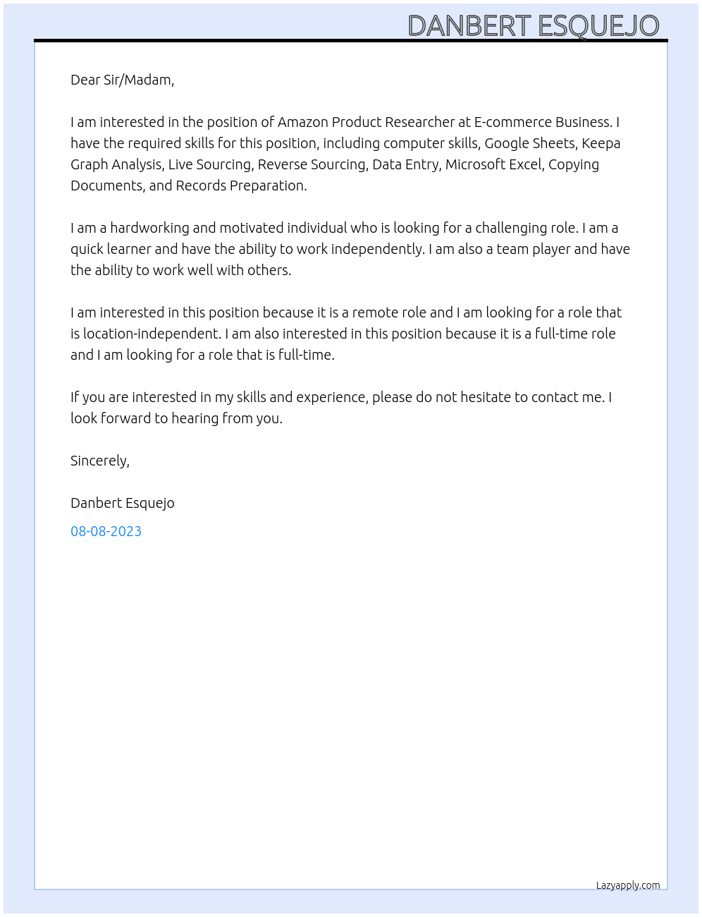 Amazon Product Researcher  At E-commerce Business  Cover Letter