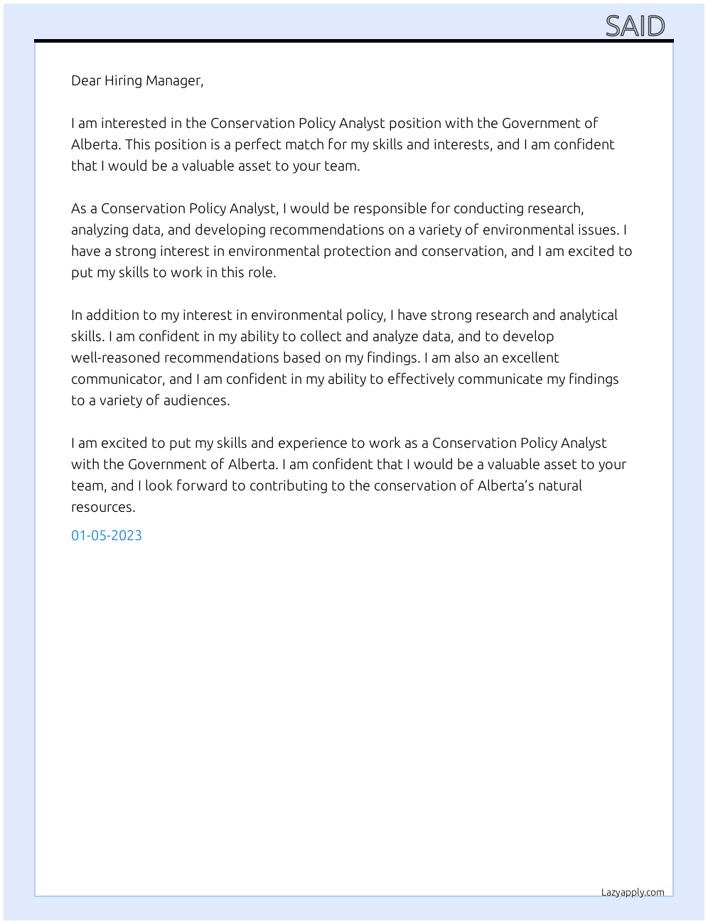 Conservation Policy Analyst At Government of Alberta  Cover Letter