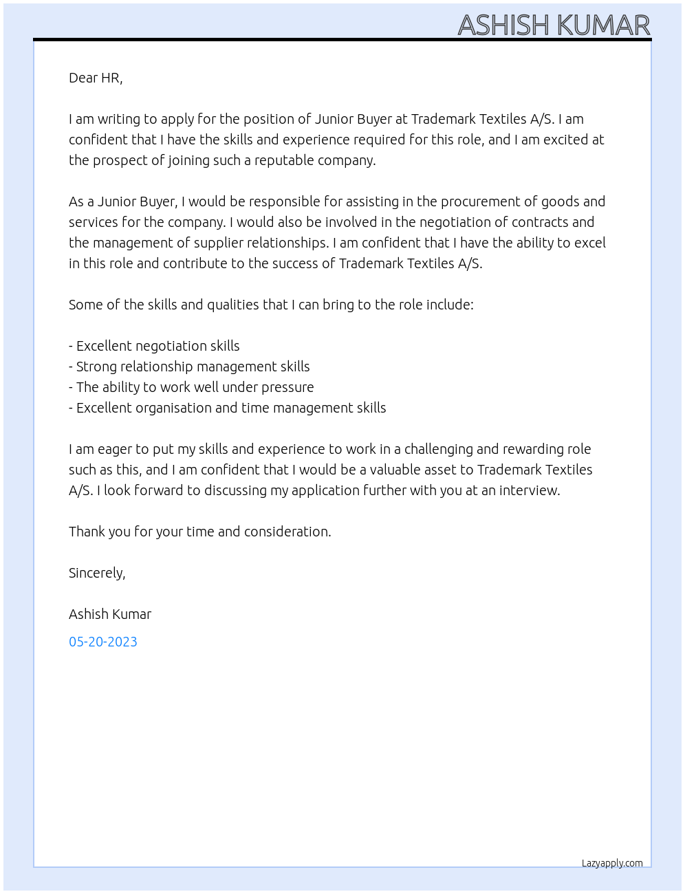 Junior Buyer At Trademark Textiles A/S Cover Letter