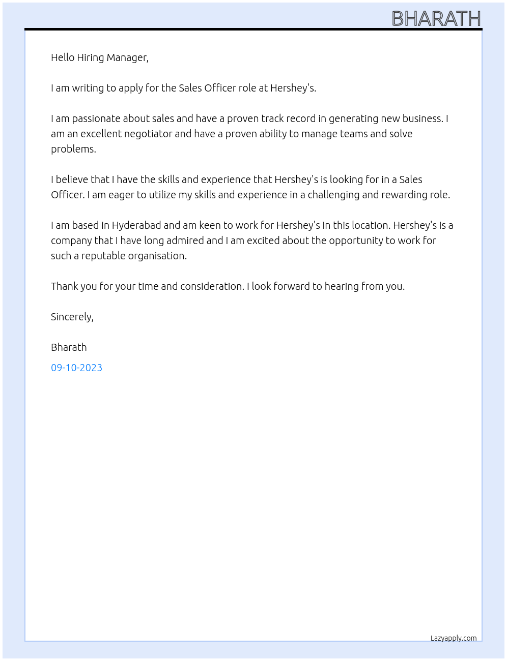 Sales officer At Hershey's Cover Letter