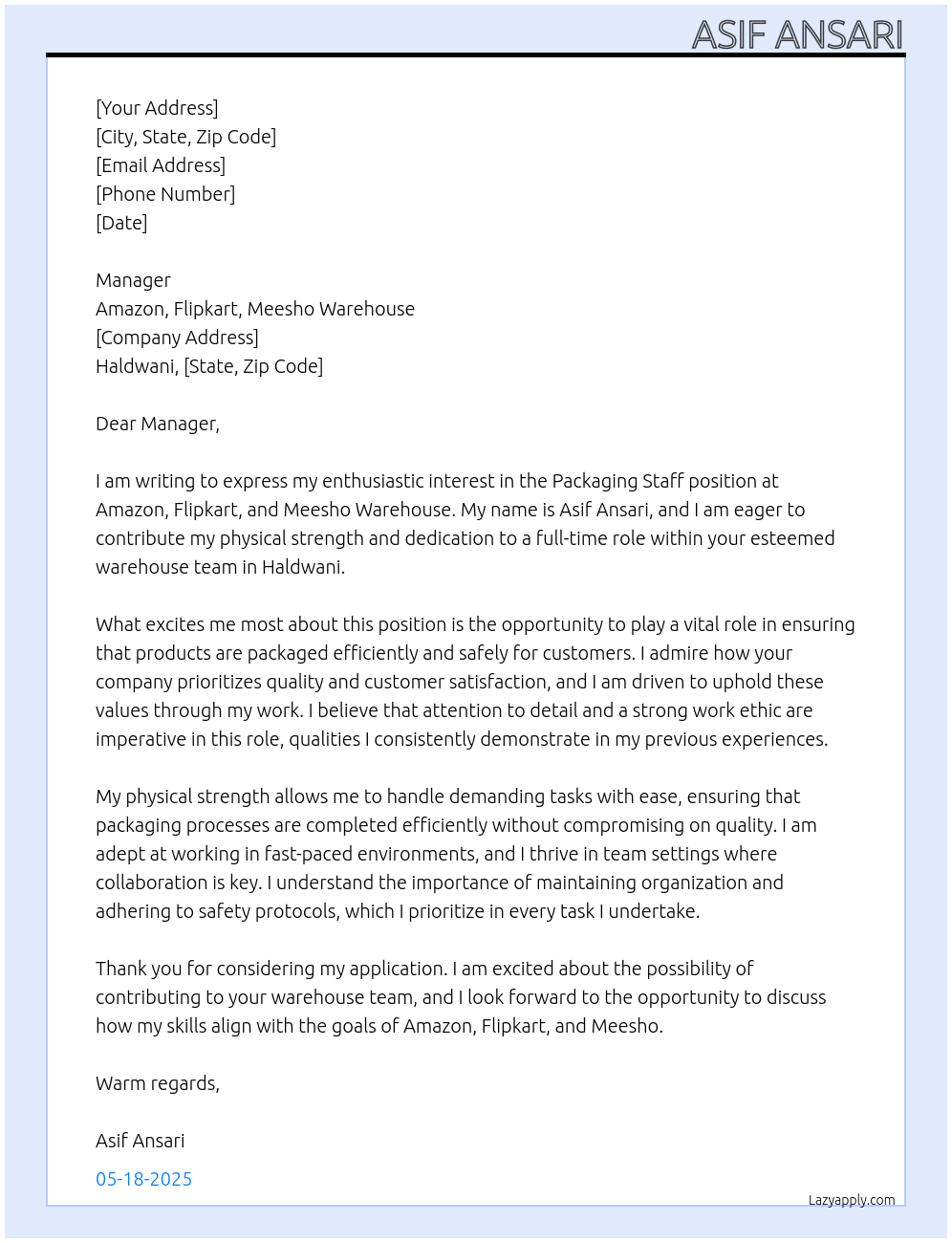 Packaging satff At Amazon, Flipkart,Meesho Warehouse  Cover Letter