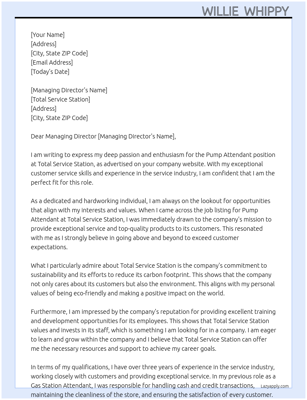 Pump Attendant  At Total Service Station  Cover Letter