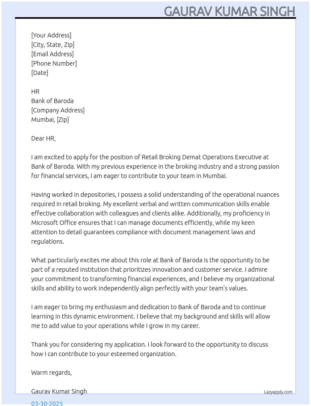 Cover letter for retail broking demat operations executive - LazyApply