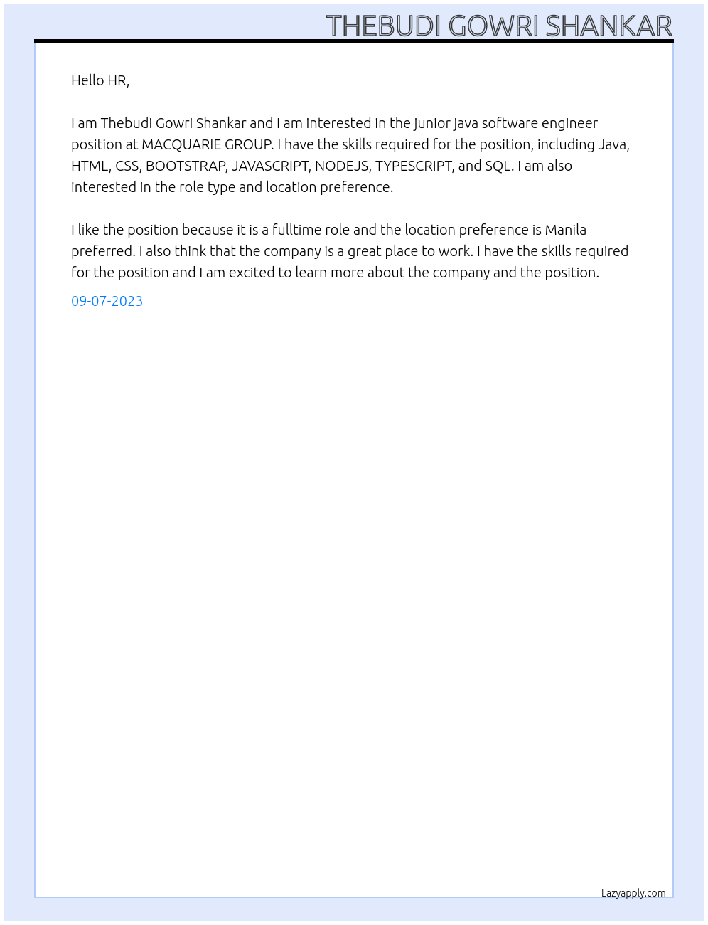 Junior java software engineer At MACQUARIE GROUP Cover Letter