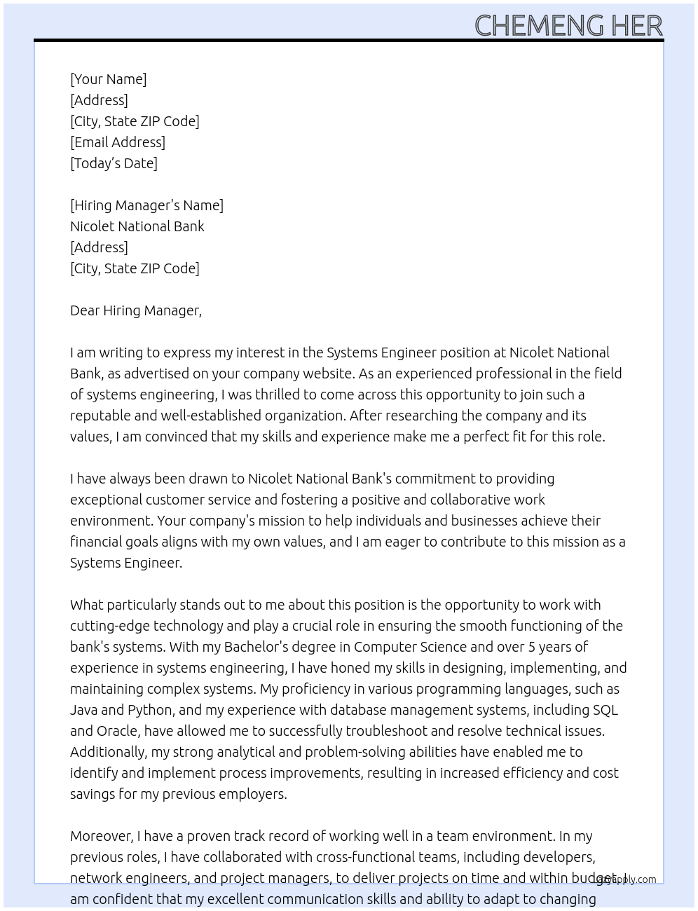 Systems Engineer At Nicolet National Bank Cover Letter