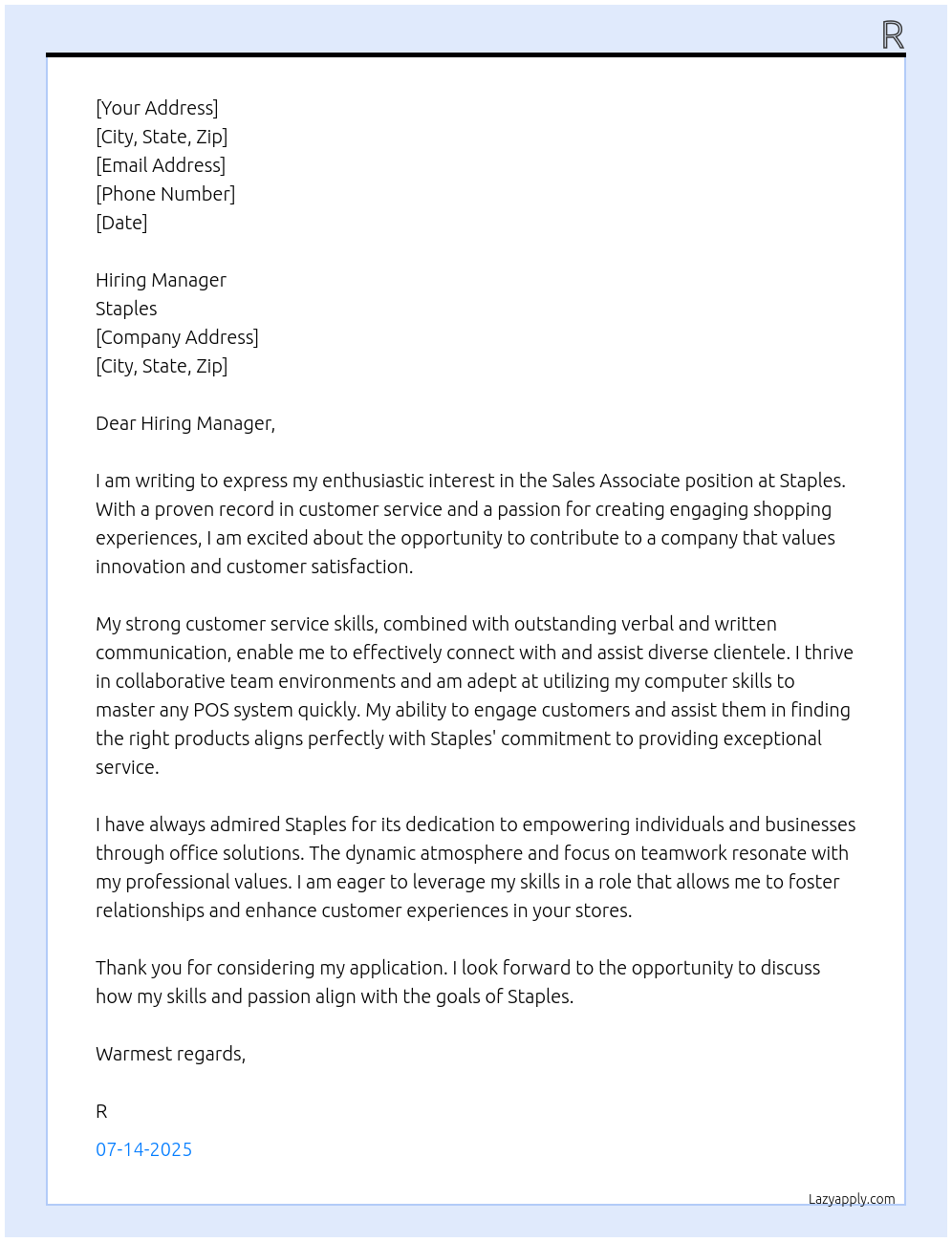 Sales Associate At Staples Cover Letter