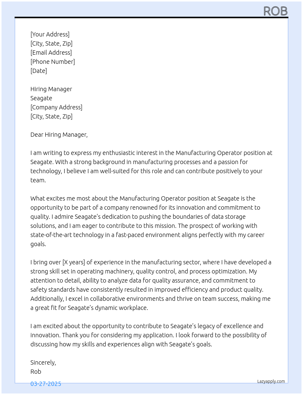 Cover letter for manufacturing operator - LazyApply