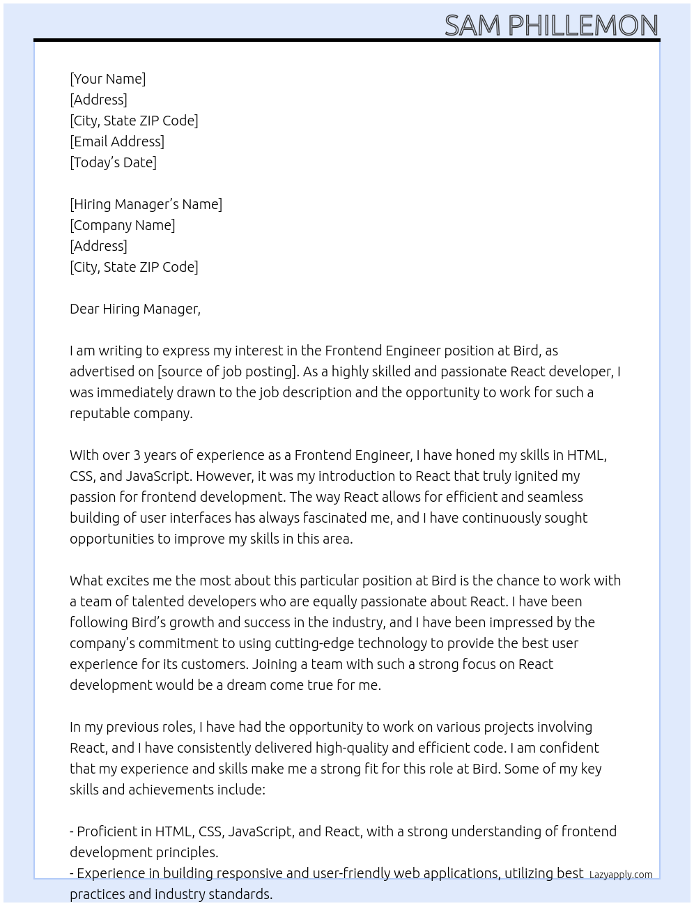 Frontend Engineer At Bird Cover Letter