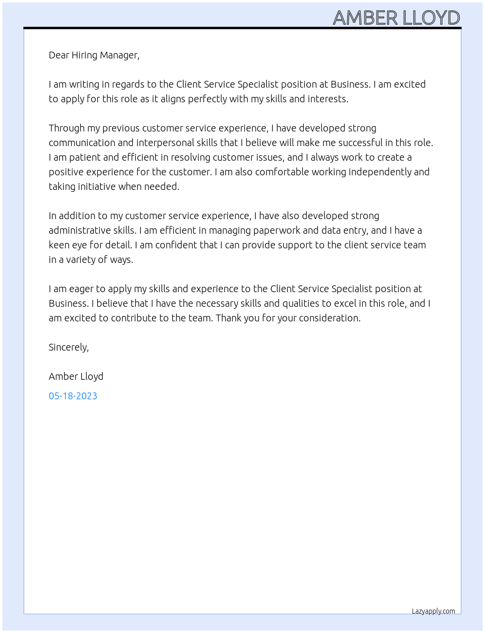 Client service specialist  At Business  Cover Letter