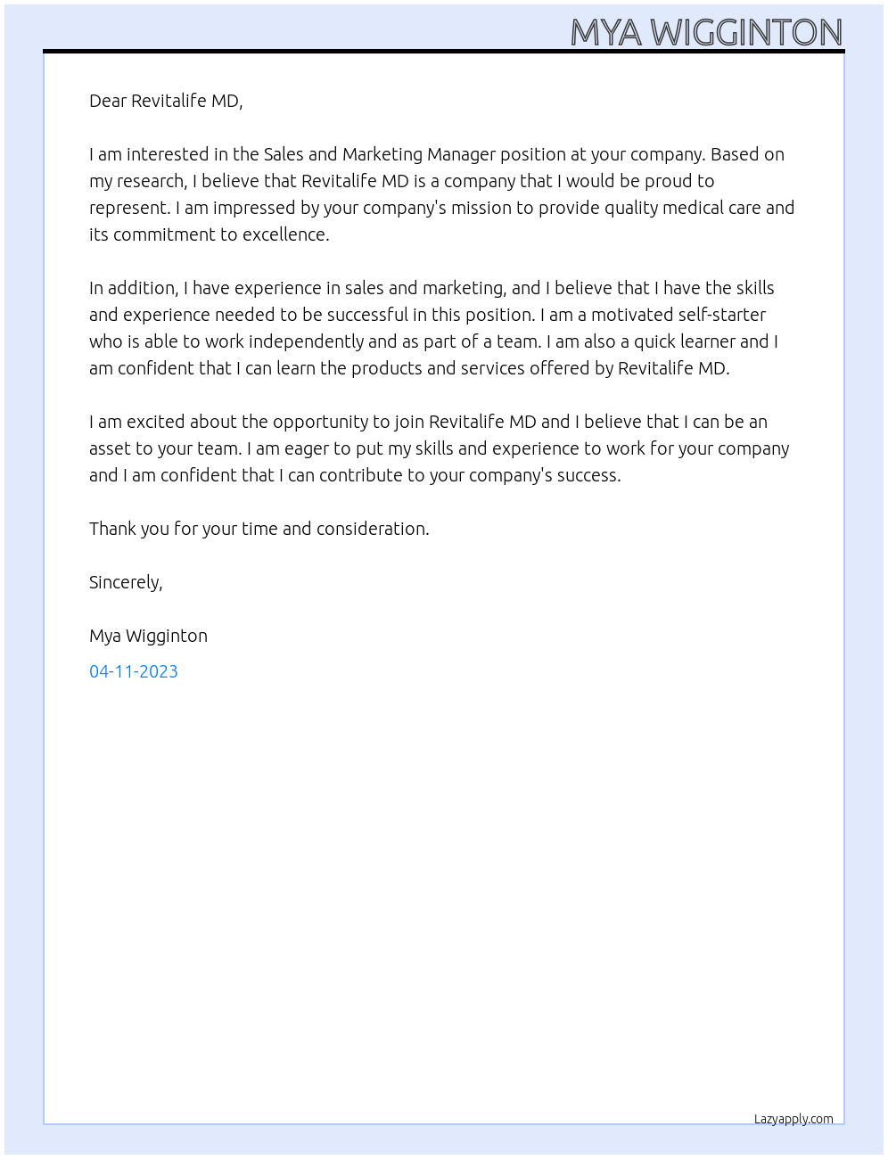 Sales and Marketing Manager At Revitalife MD Cover Letter