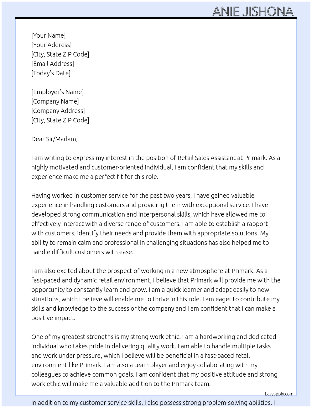 Retail sales assistant At Primark Cover Letter