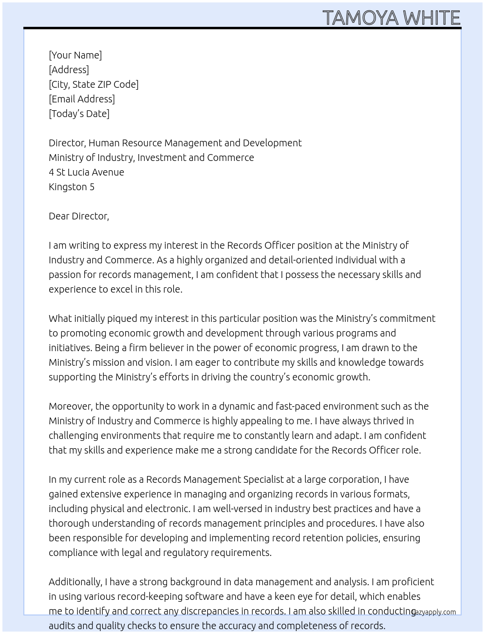 Records Officer At Ministry of Industry and Commerce Cover Letter