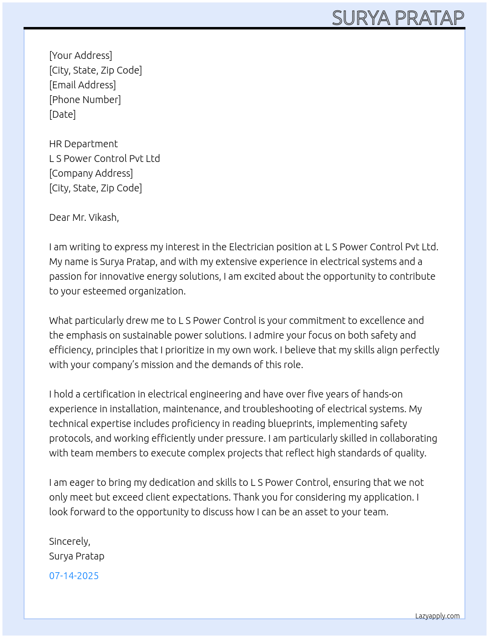electrician At l s power control pvt ltd Cover Letter