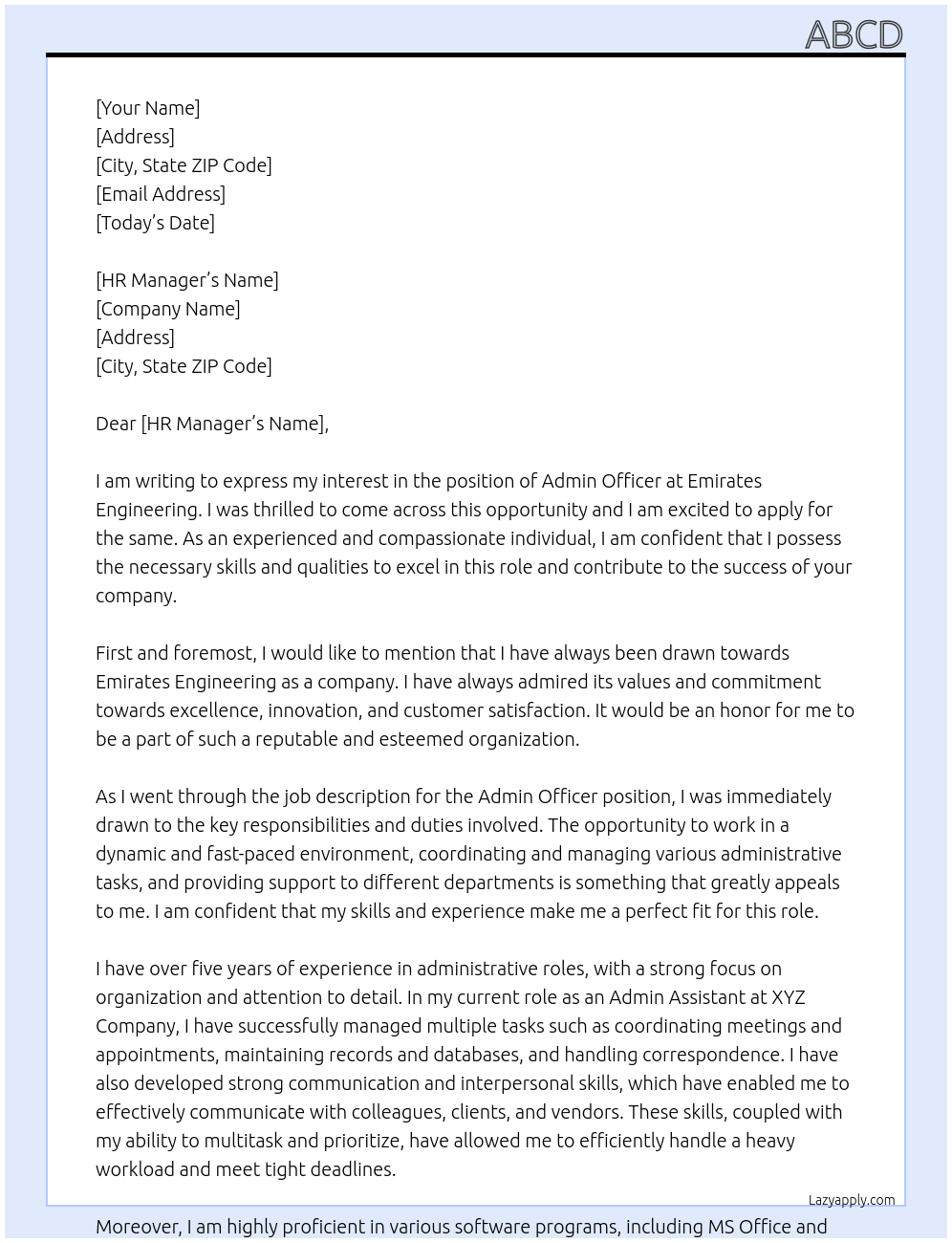 ADMIN OFFICER At EMIRATES ENGINEERING Cover Letter