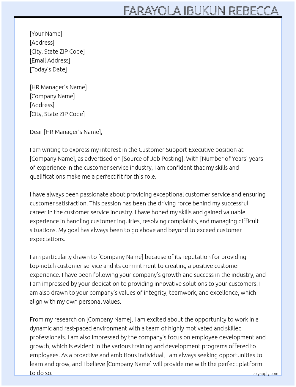 Customer support executive At Hr Cover Letter