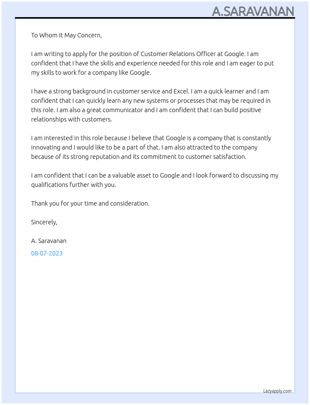 Customer Relations Officer At Google Cover Letter