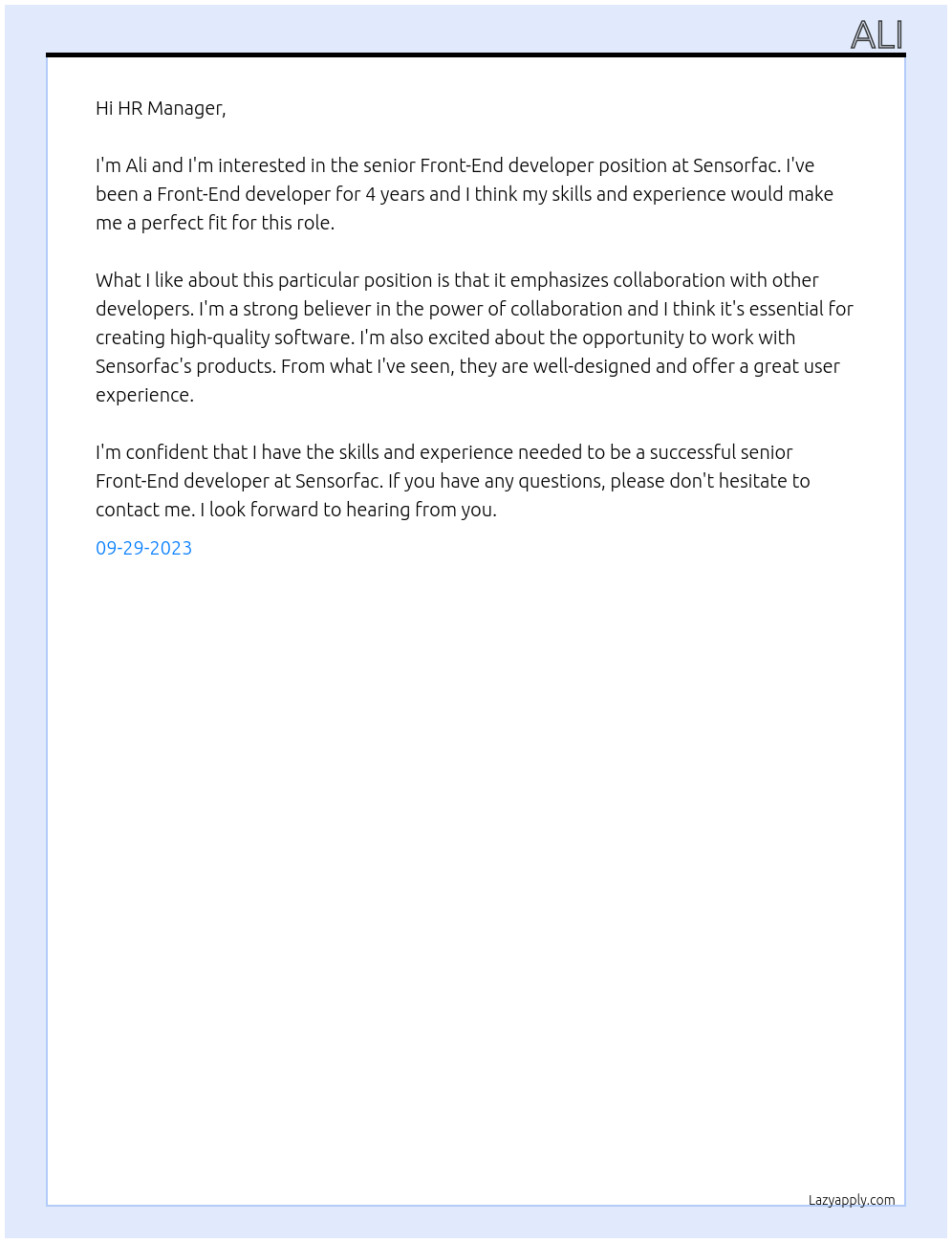 senior Front-End developer At Sensorfac Cover Letter
