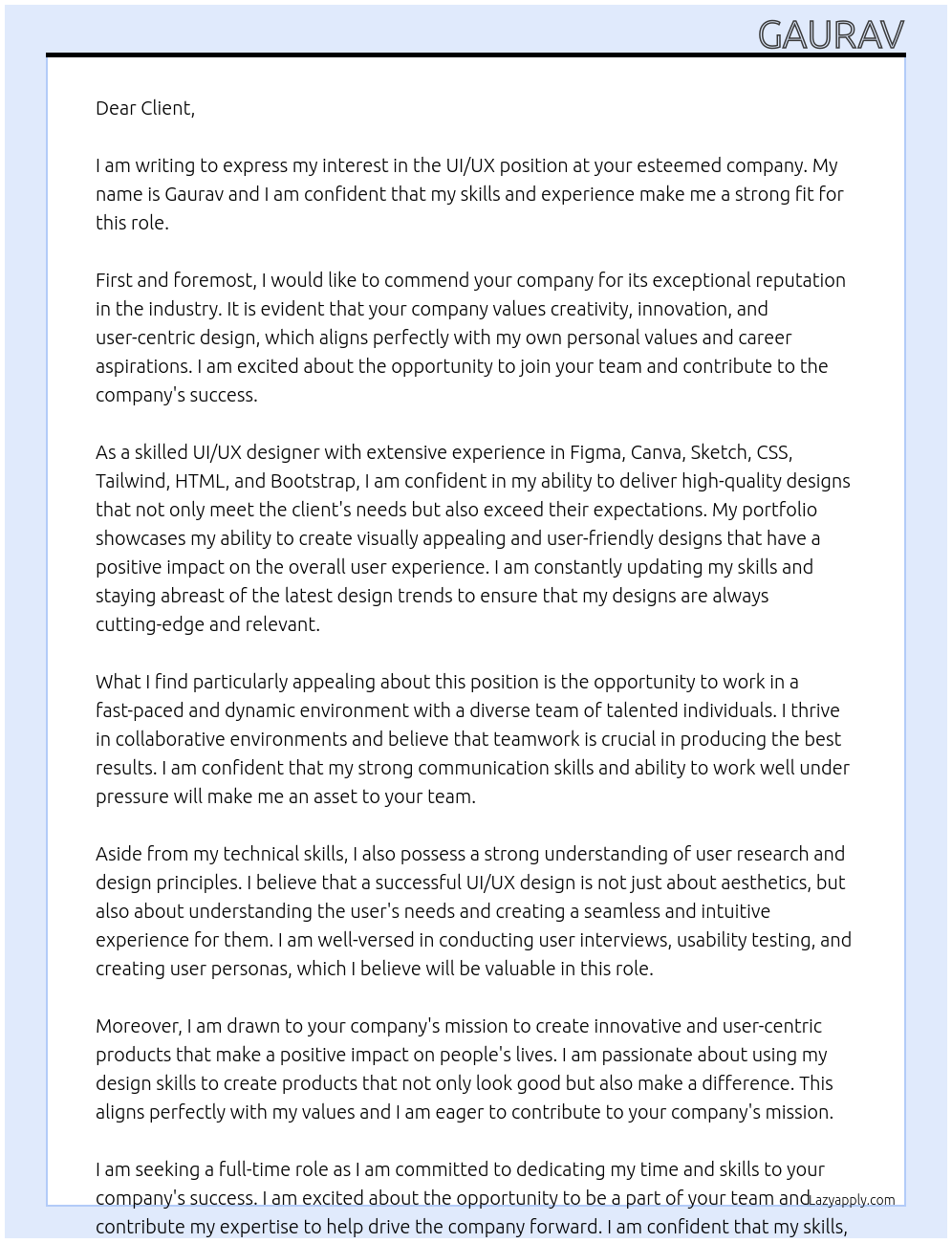UI/UX At none Cover Letter