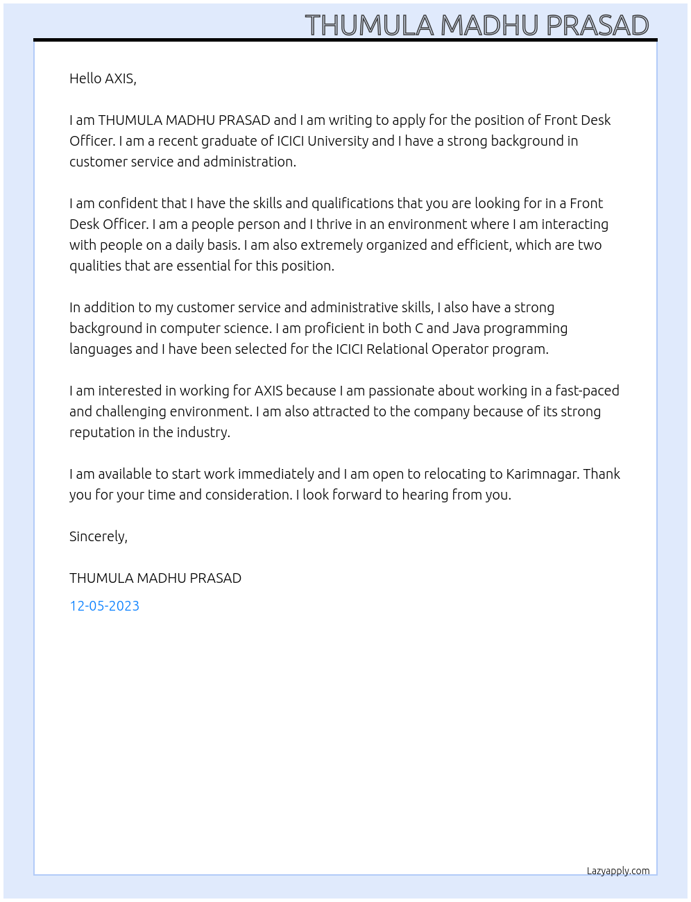 Front Desk Officer At AXIS Cover Letter