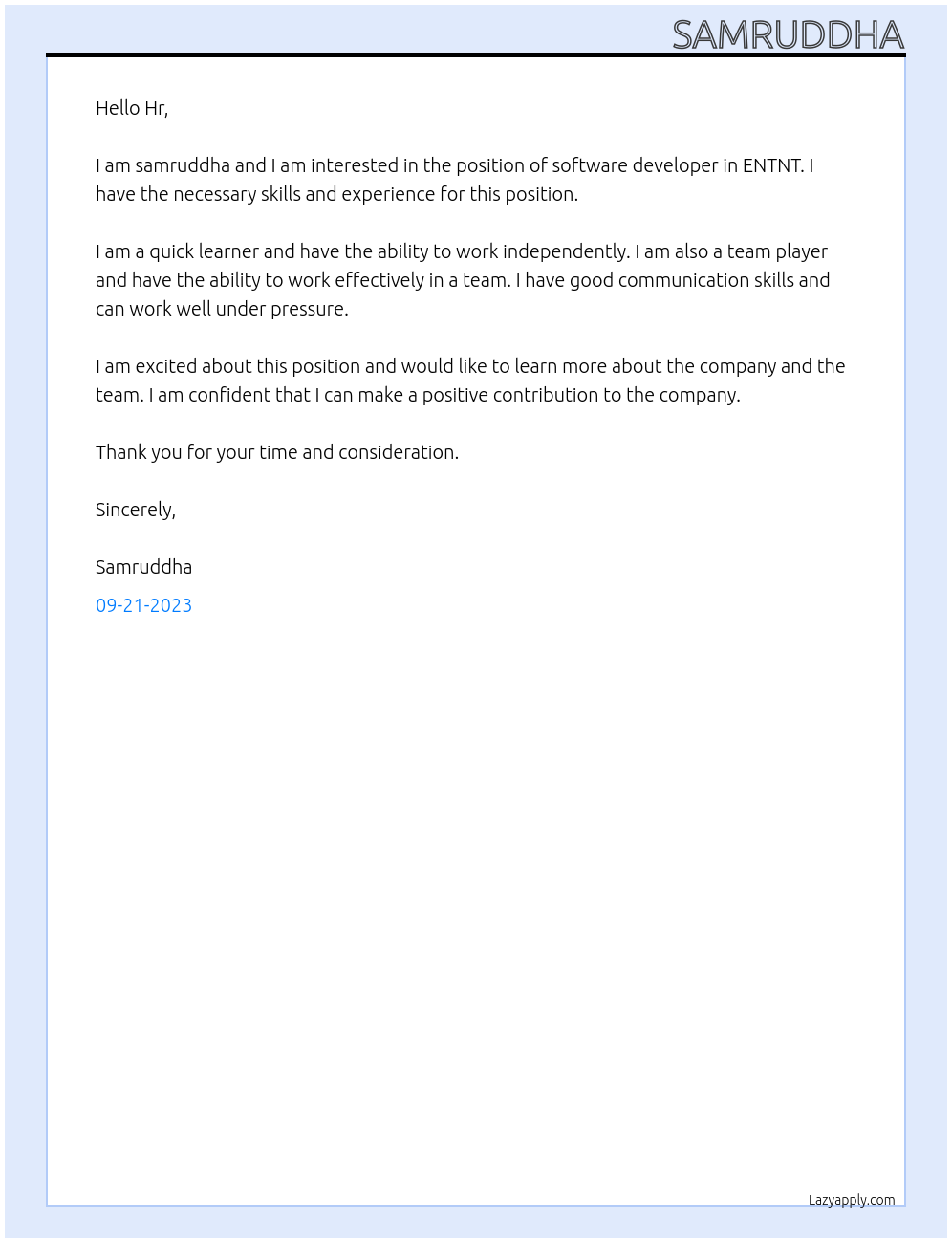software devloper At ENTNT Cover Letter