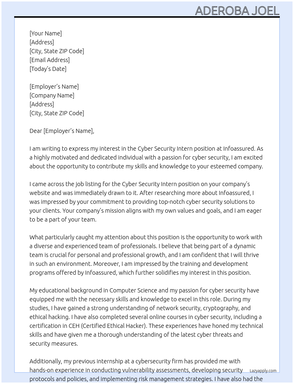 Cyber security intern At Infoassured Cover Letter
